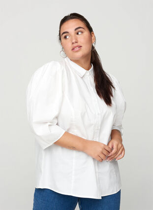 Cotton shirt with 3/4 length puff sleeves, Bright White, Model image number 0