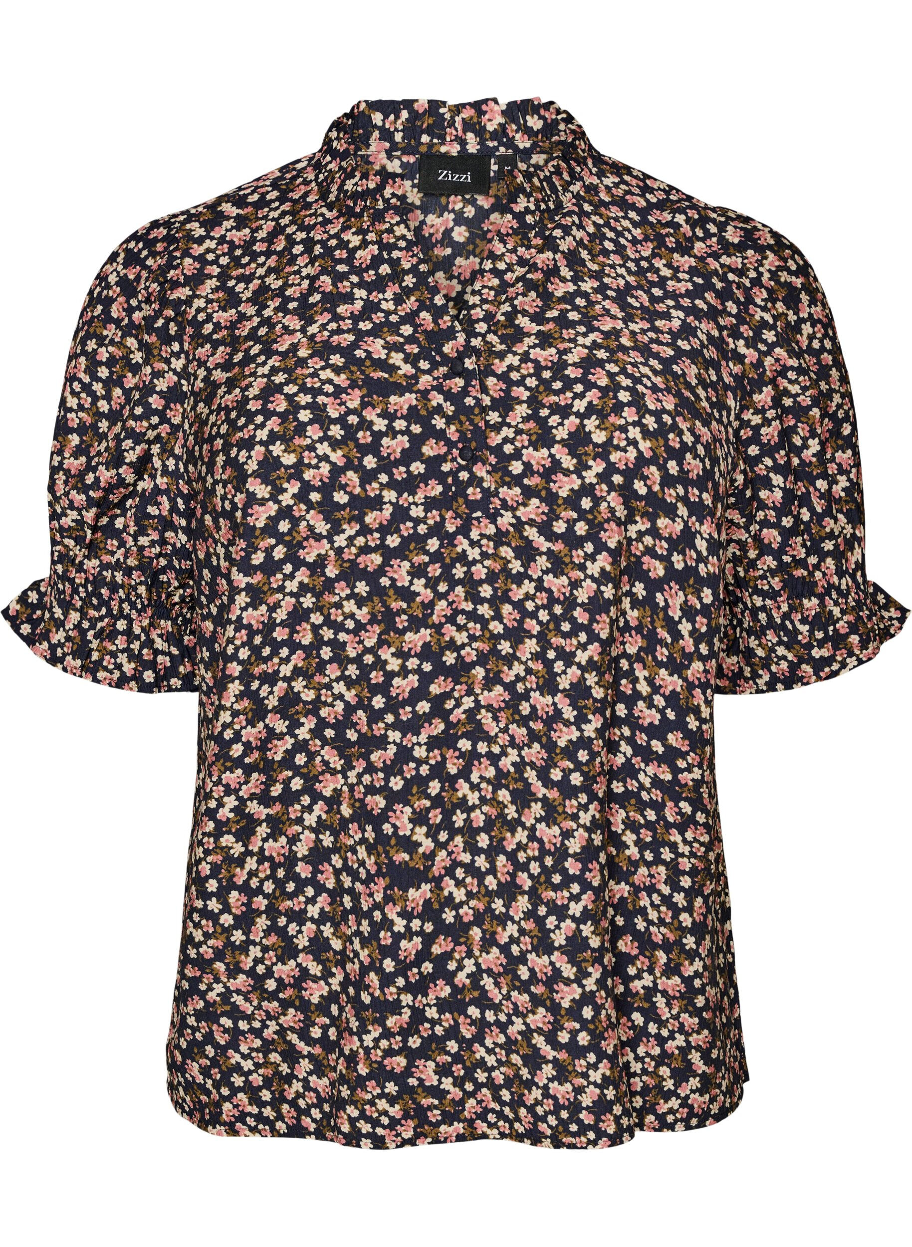 Zizzifashion Floral viscose blouse with short sleeves and smock details, Blue, Packshot image number 0