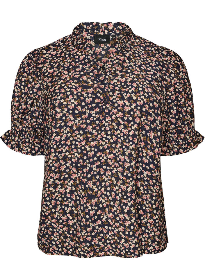 Floral viscose blouse with short sleeves and smock details, Blue, Packshot image number 0