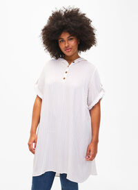 Short-sleeved viscose tunic with hood, White Natural Stripe, Model