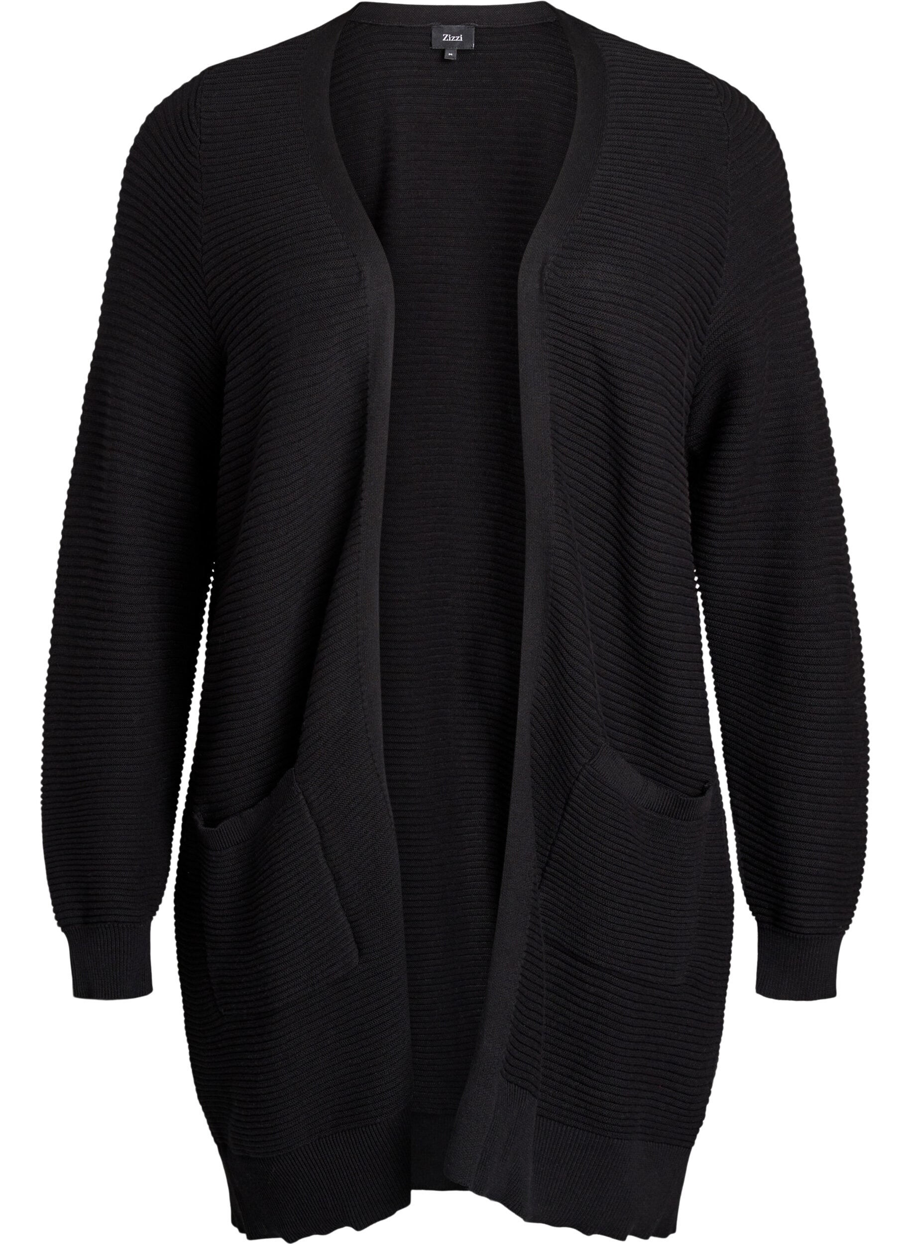 Zizzifashion Long rib-knitted cotton cardigan, Black, Packshot image number 0