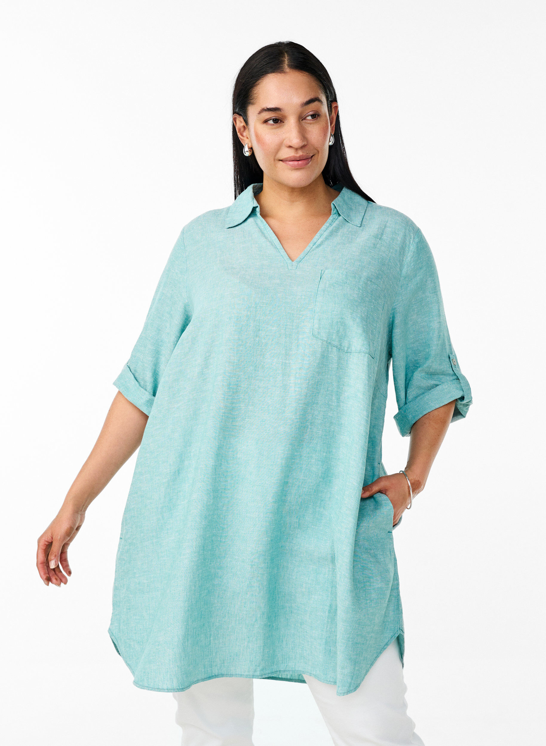 Zizzifashion Linen and viscose tunic with A-shape, Blue, Model image number 0