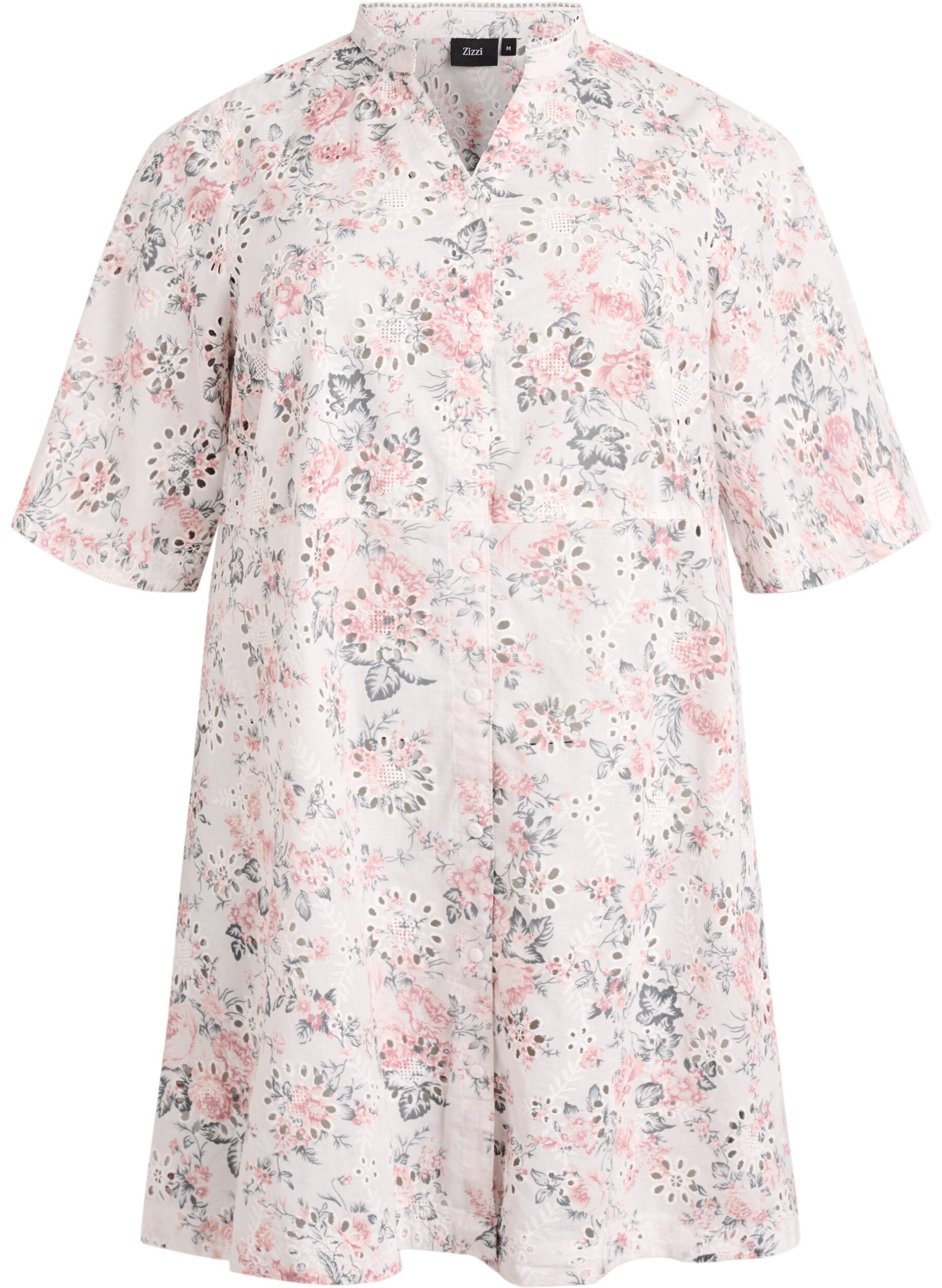 Zizzifashion Cotton dress with floral print and broderie anglaise, Vanilla, Packshot image number 0