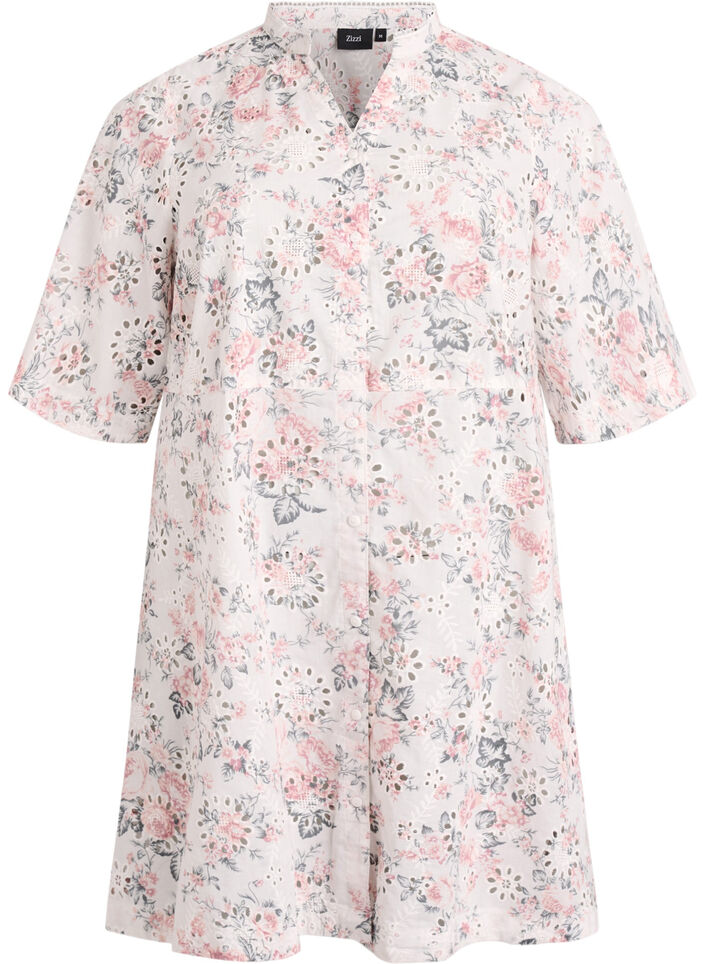 Cotton dress with floral print and broderie anglaise, Vanilla, Packshot image number 0