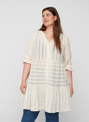 Cotton tunic with buttons and 3/4 sleeves, Antique White, Model image number 0
