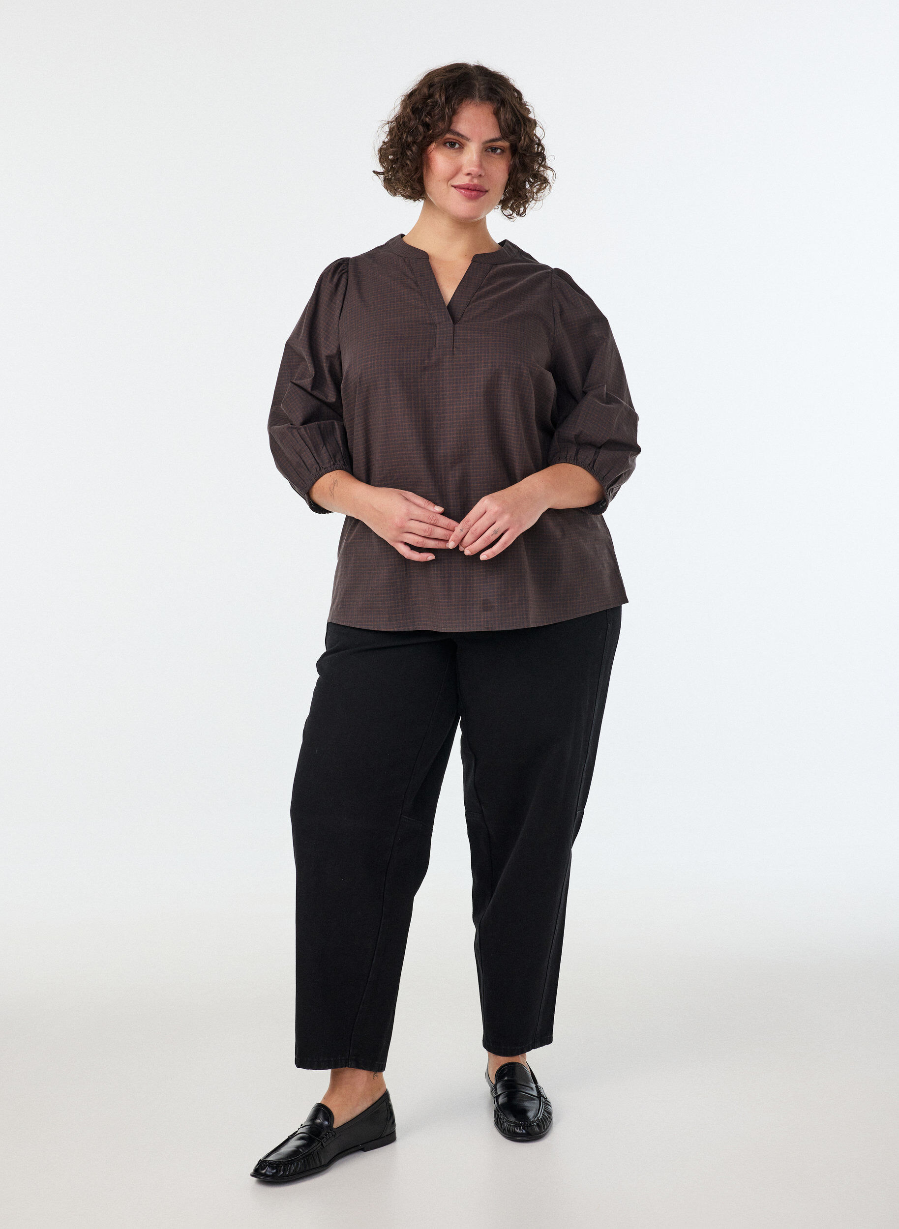 ZizzifashionChecked blouse with V-neck and 3/4 sleeves, Brown, Model image number 1