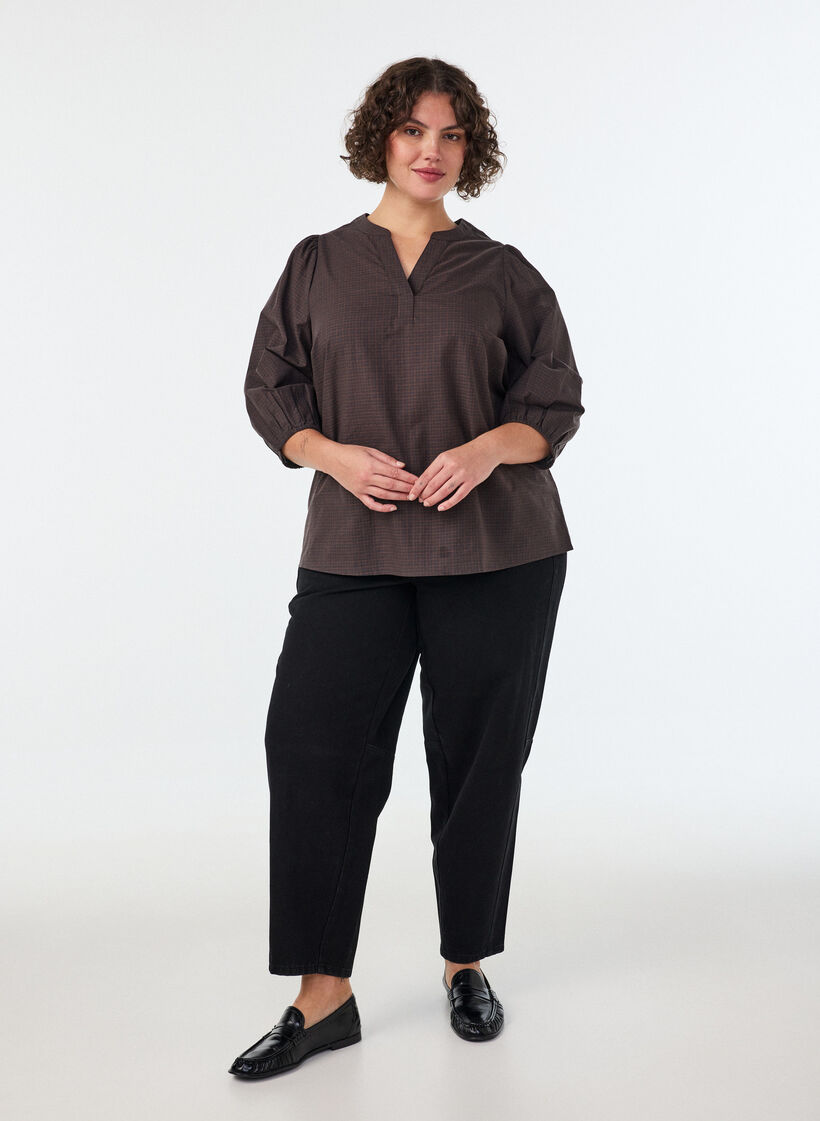 Checked blouse with V-neck and 3/4 sleeves, Brown, Model image number 1
