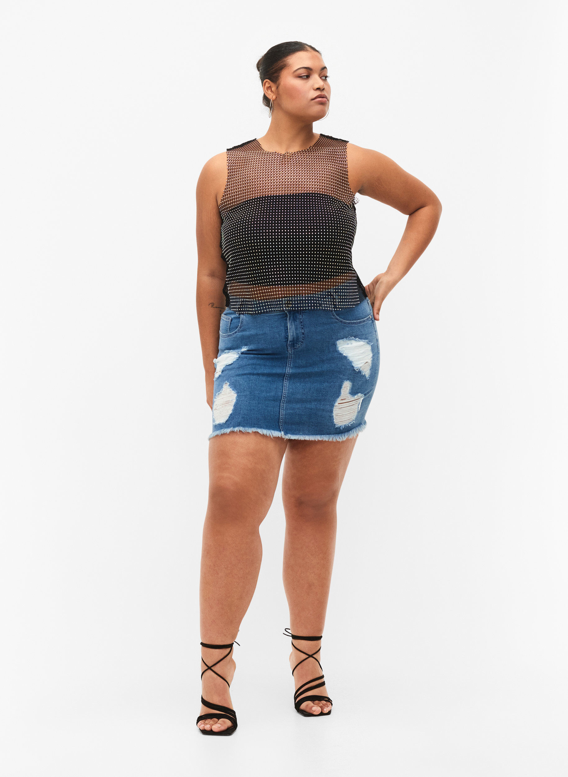 Zizzifashion Tight ripped denim skirt, Blue denim, Model image number 3