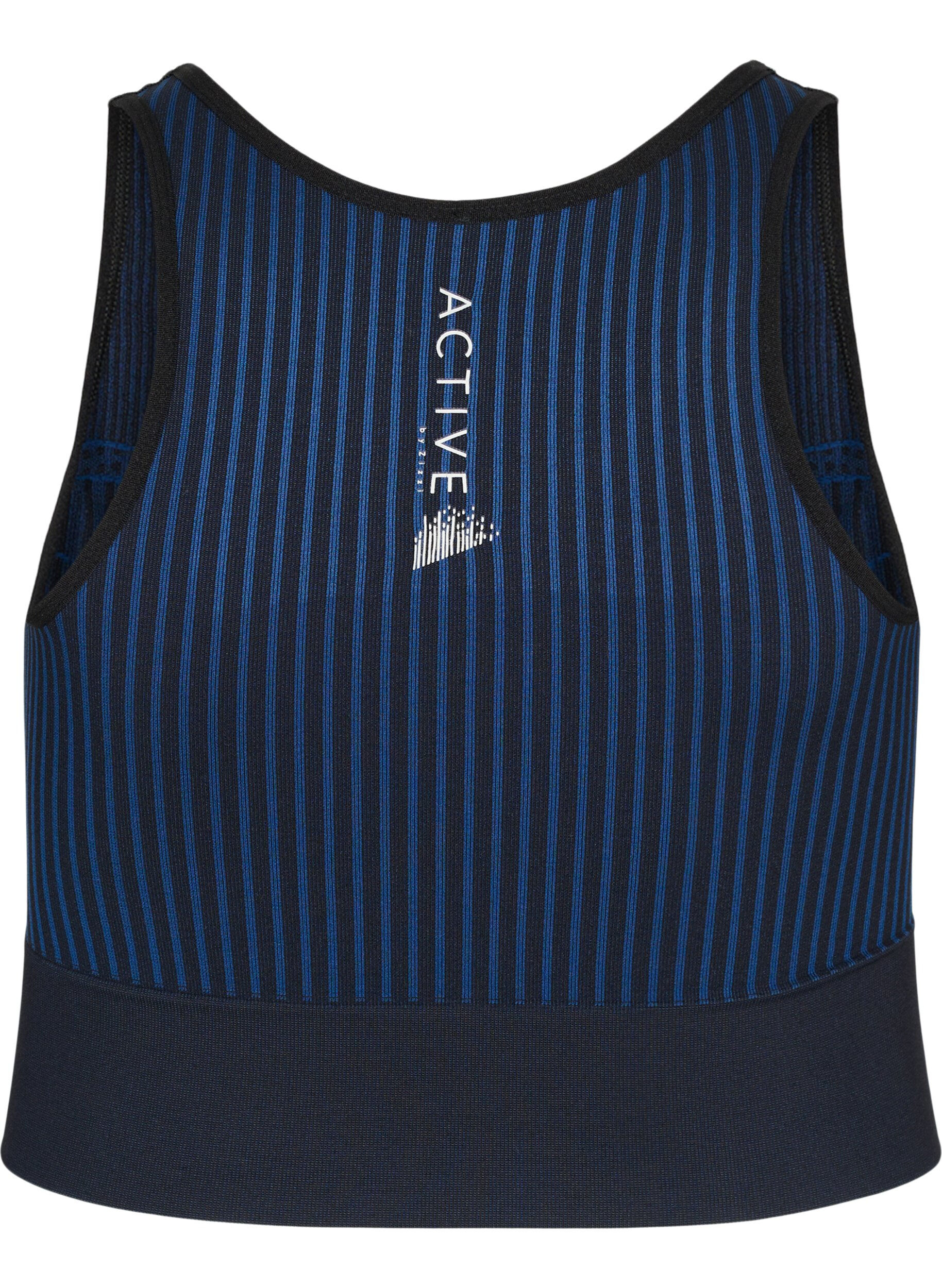 Zizzifashion Seamless sports bra with stripes, Black w. Blue Depths, Packshot image number 1