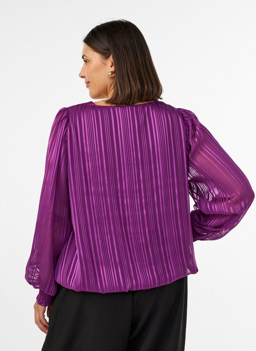 Striped blouse with a balloon shape, Purple, Model image number 2