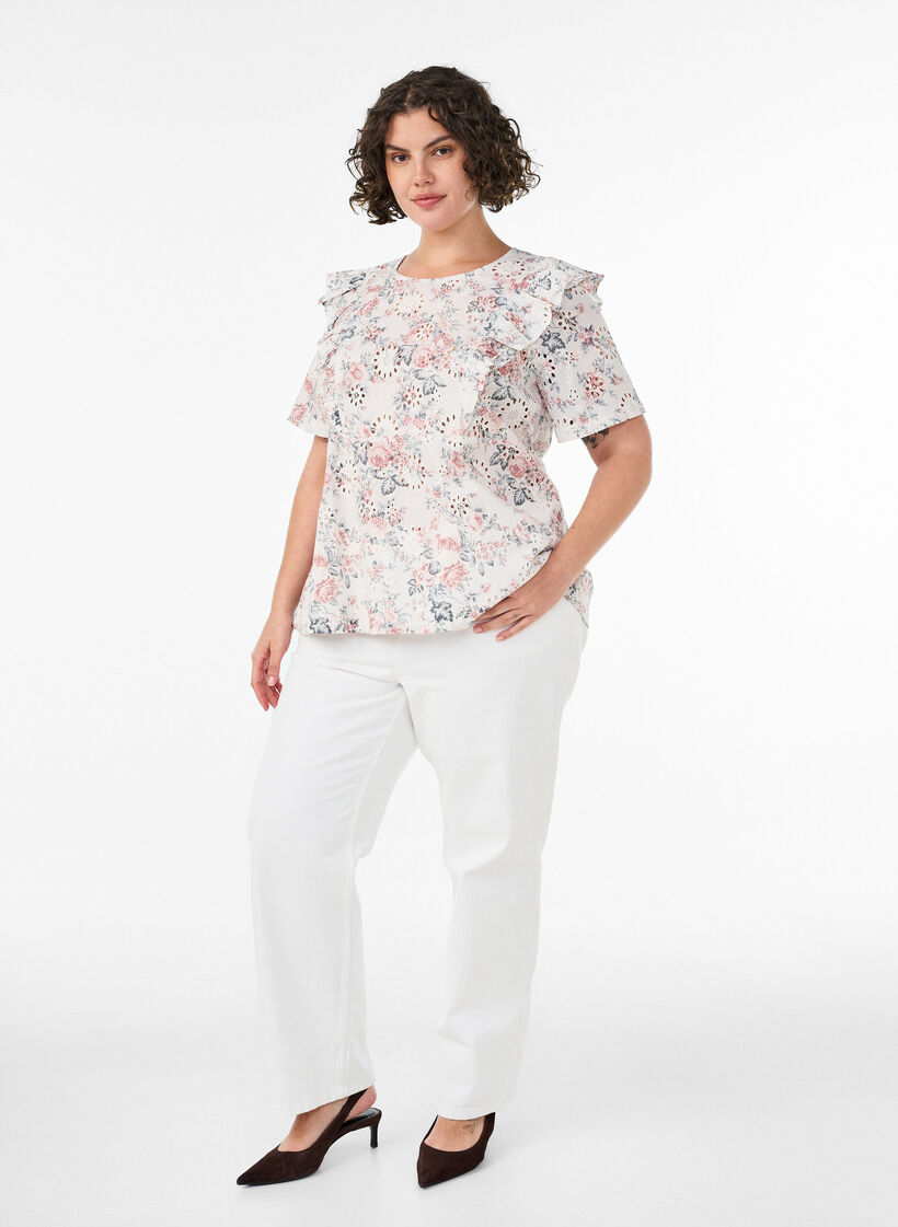 Cotton blouse with broderie anglaise and ruffles, Red, Model image number 1