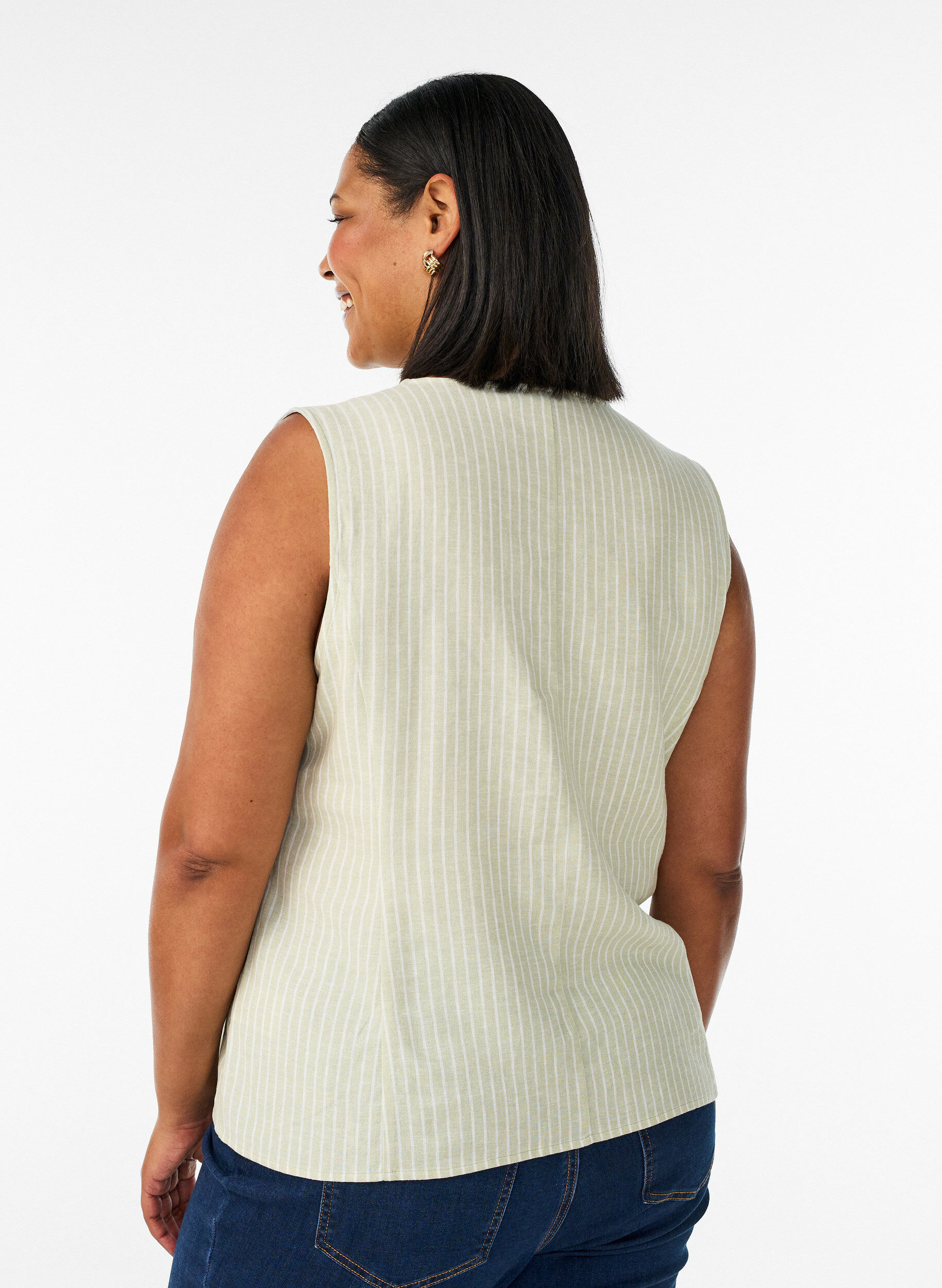Zizzifashion Striped vest in linen and viscose, Green, Model image number 2