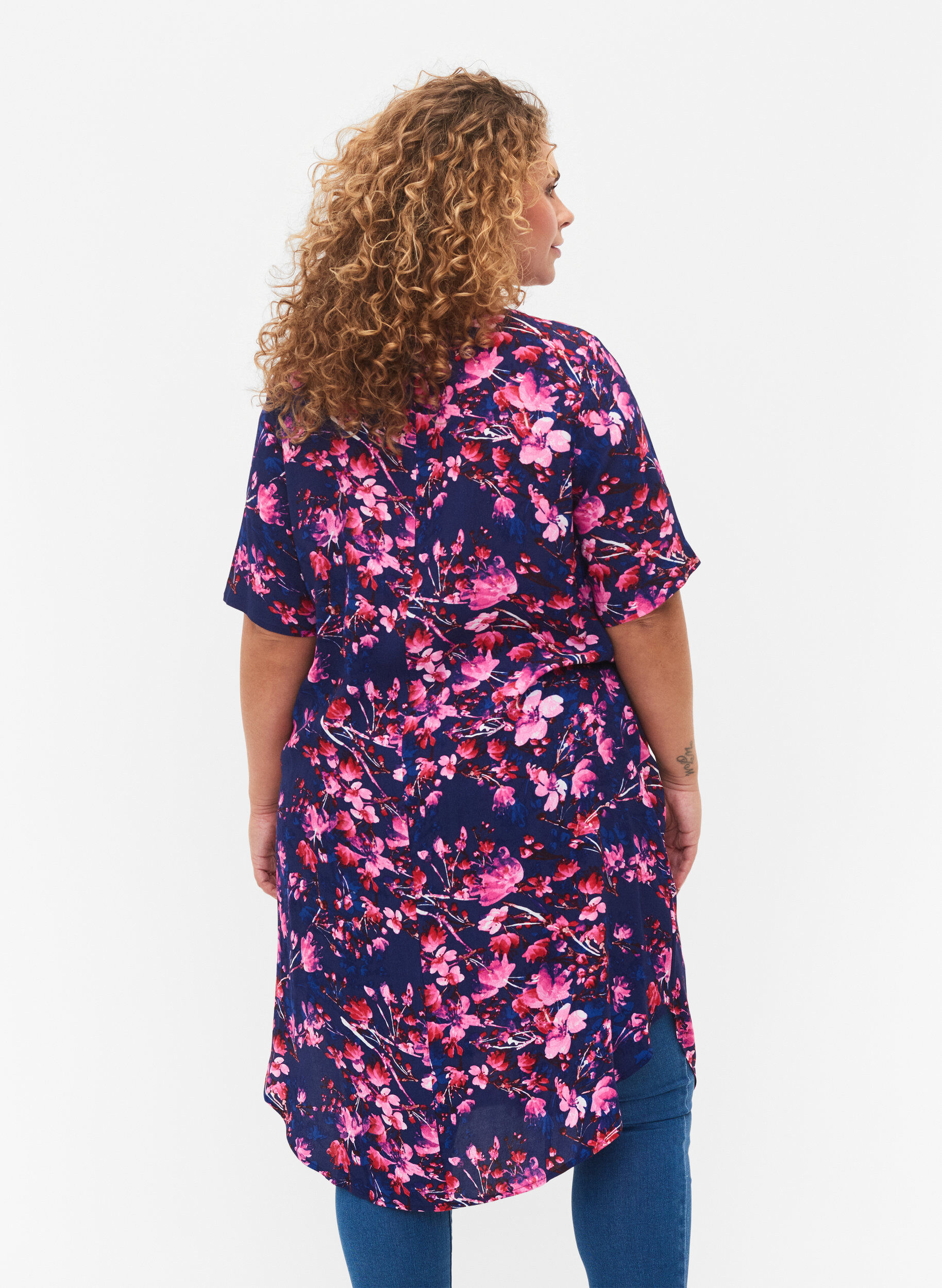 Zizzifashion Viscose midi dress with floral print, B. Blue Pink Flower, Model image number 1
