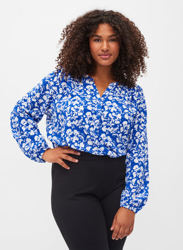 Long-sleeved blouse with floral print and v-neck, Blue White Flower, Model image number 0