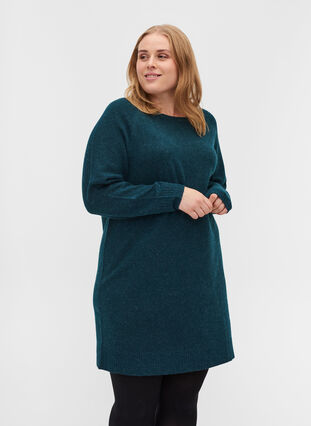 Long-sleeved, marled knitted dress with rounded neckline, Reflecting Pond Mel., Model image number 0