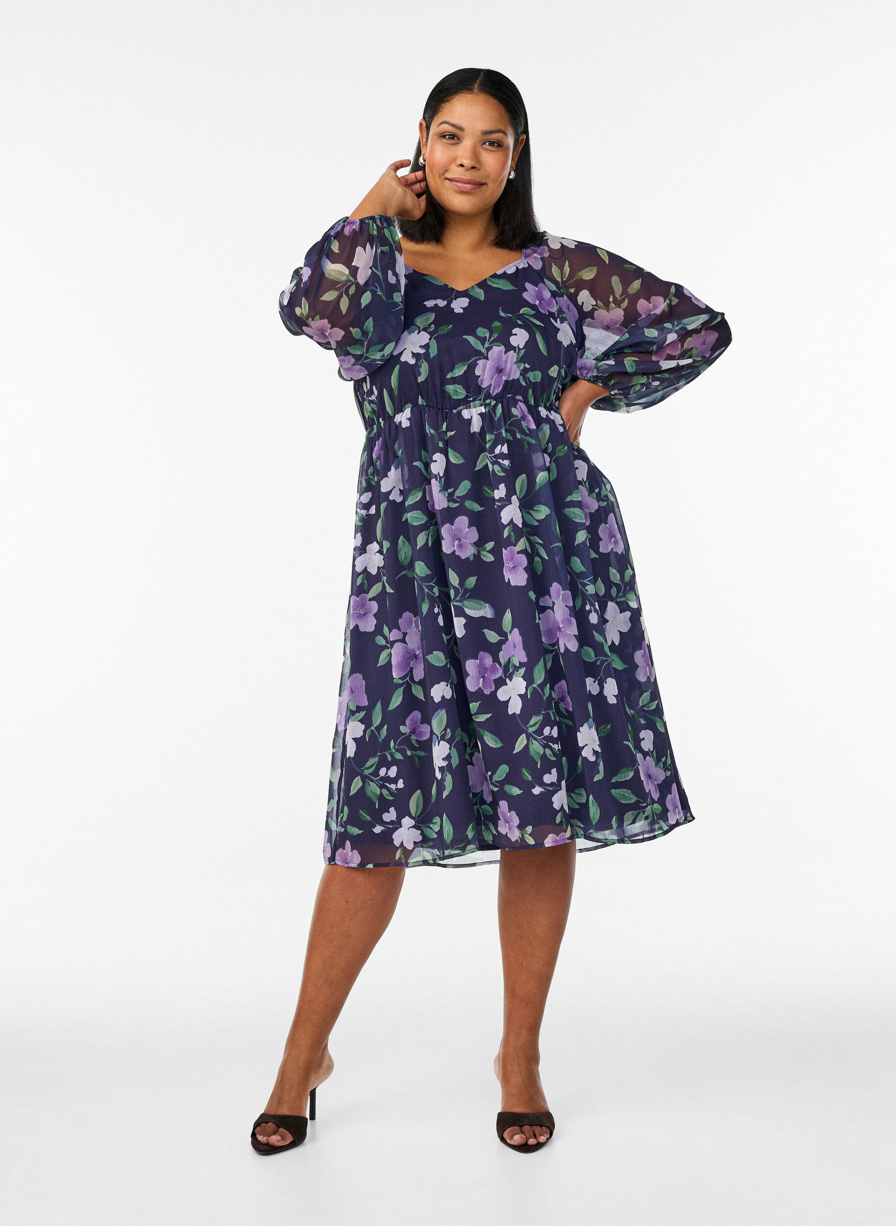 Zizzifashion Chiffon party dress with long sleeves, Blue, Model image number 1