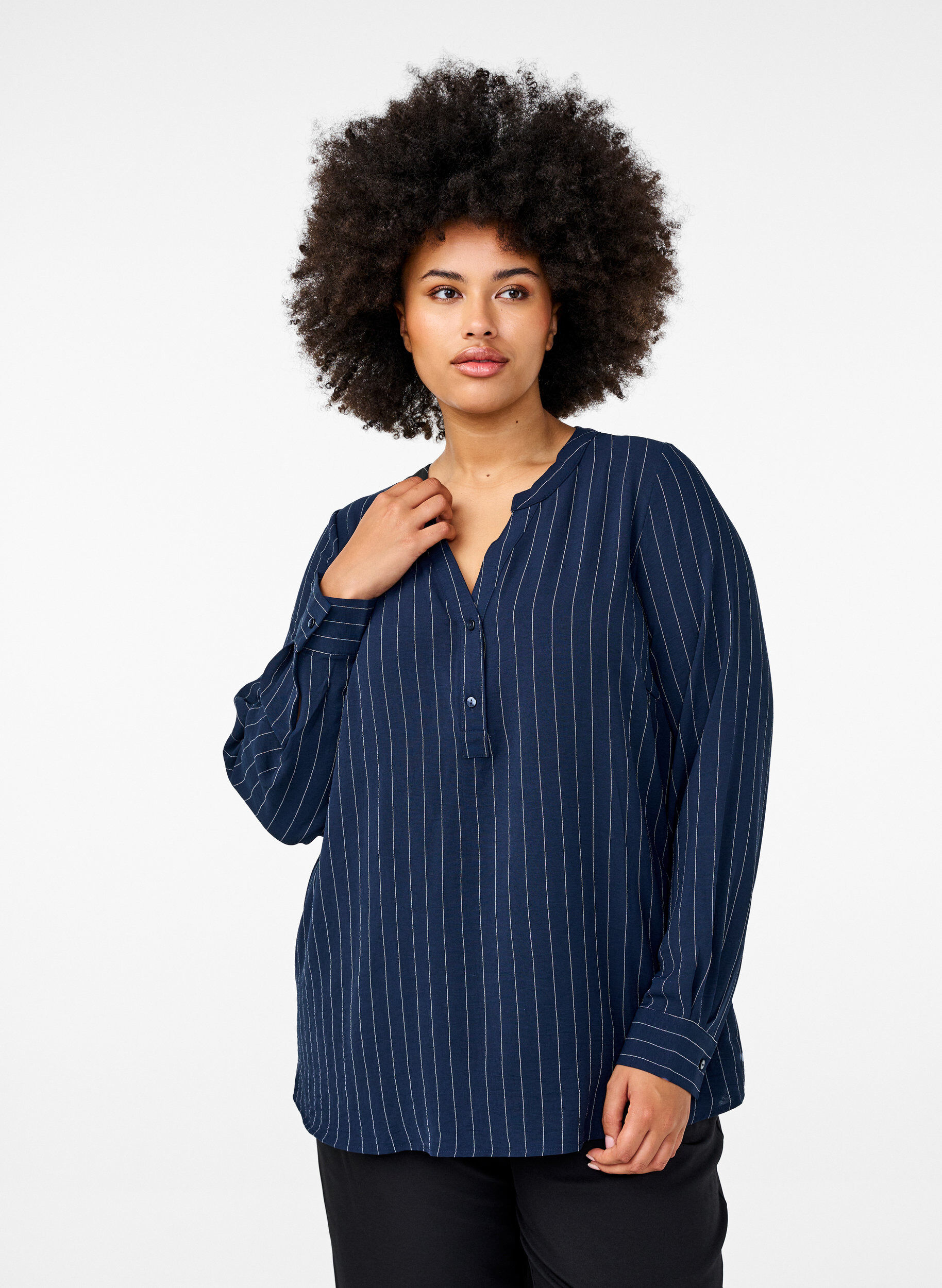 Pinstripe shirt blouse, Blue, Model