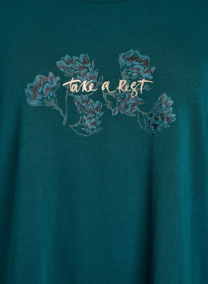 Night top in cotton with front print, Turquoise, Packshot image number 2