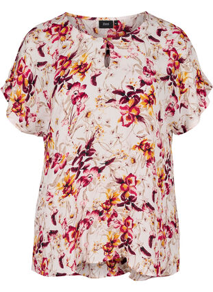 Viscose blouse with print and short sleeves, Beige w. Flower AOP, Packshot image number 0