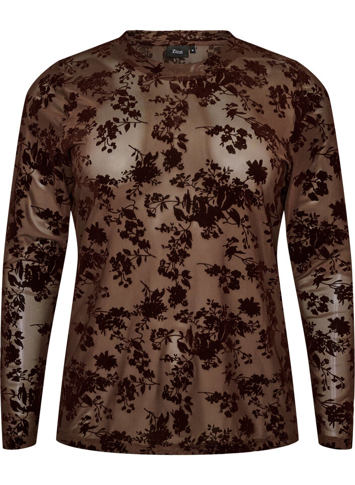 Mesh blouse with floral pattern, Brown, Packshot image number 0