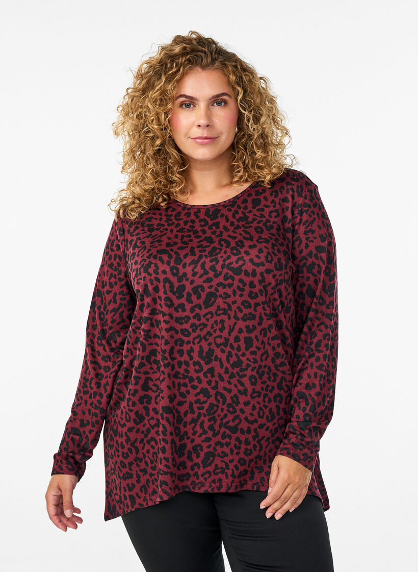 Leopard print blouse with long sleeves, Dark Bordeaux, Model image number 0
