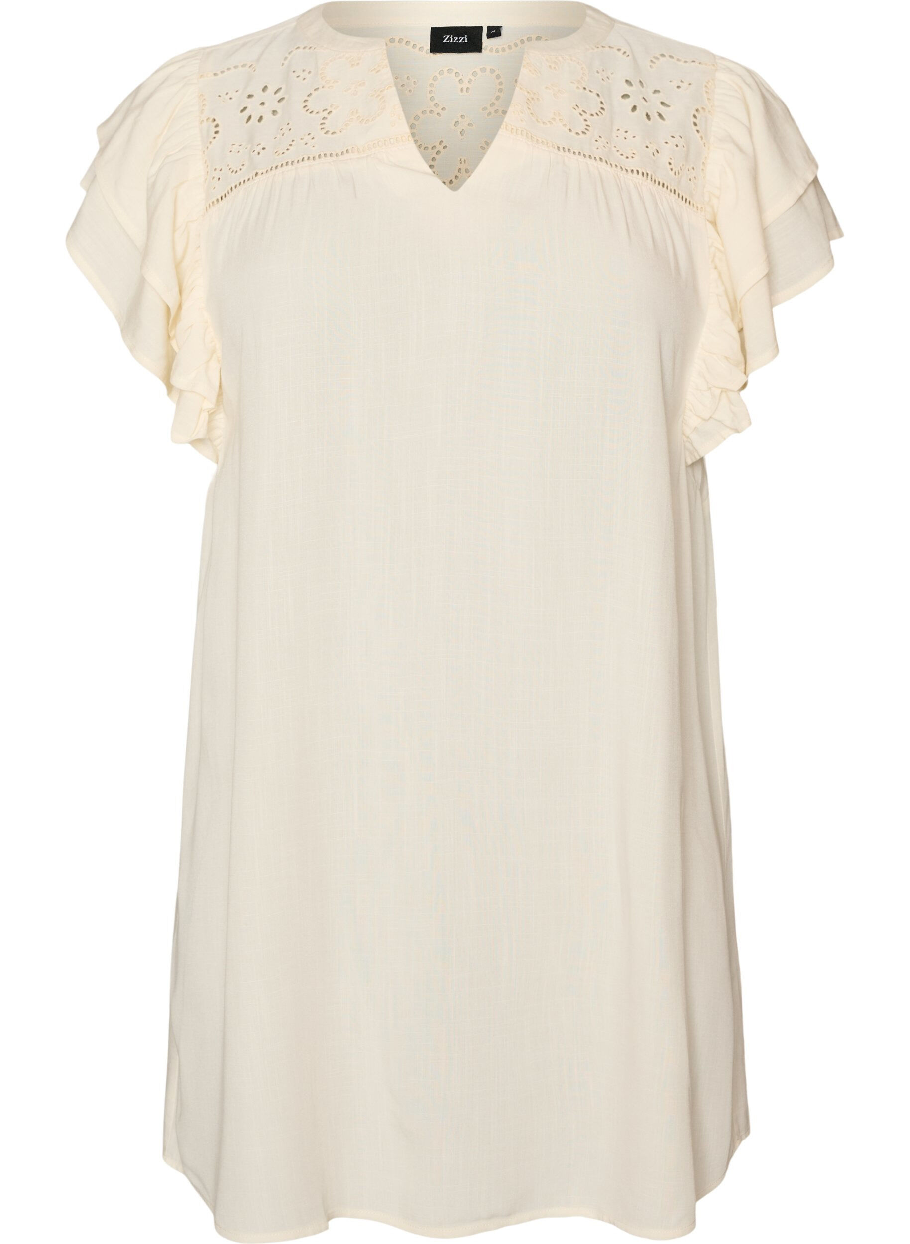 Zizzifashion Tunic with broderie anglaise and ruffle sleeves, Beige, Packshot image number 0