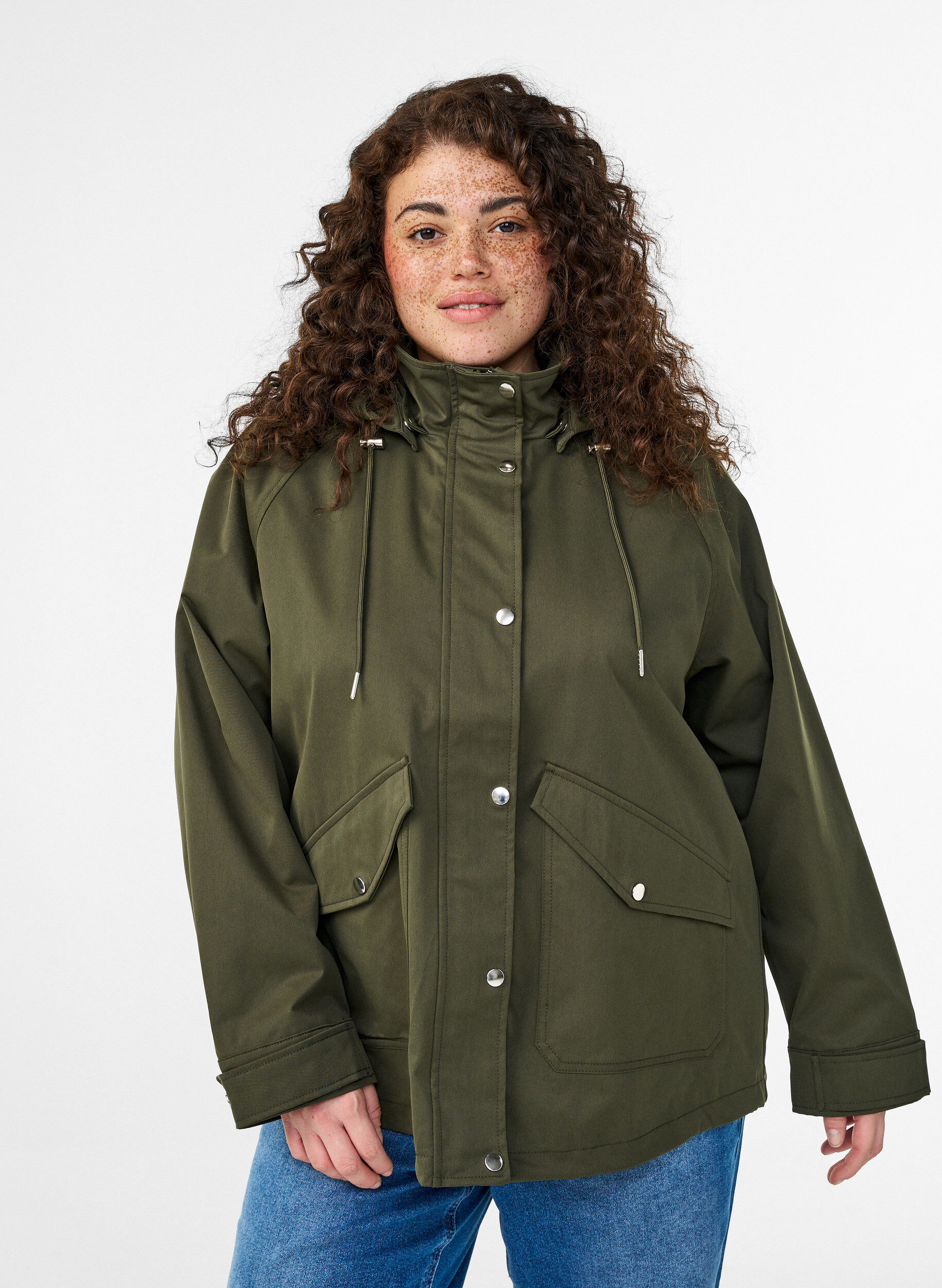 Short spring jacket with a detachable hood, Green, Model