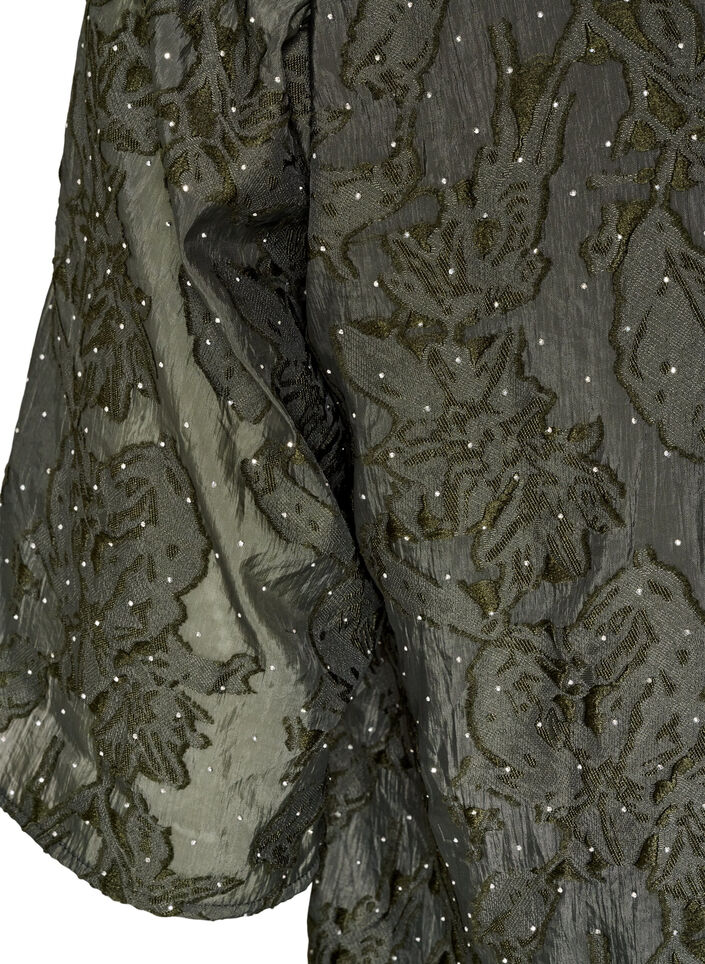 Jacquard blouse with sparkly details and puff sleeves, Green, Packshot image number 3
