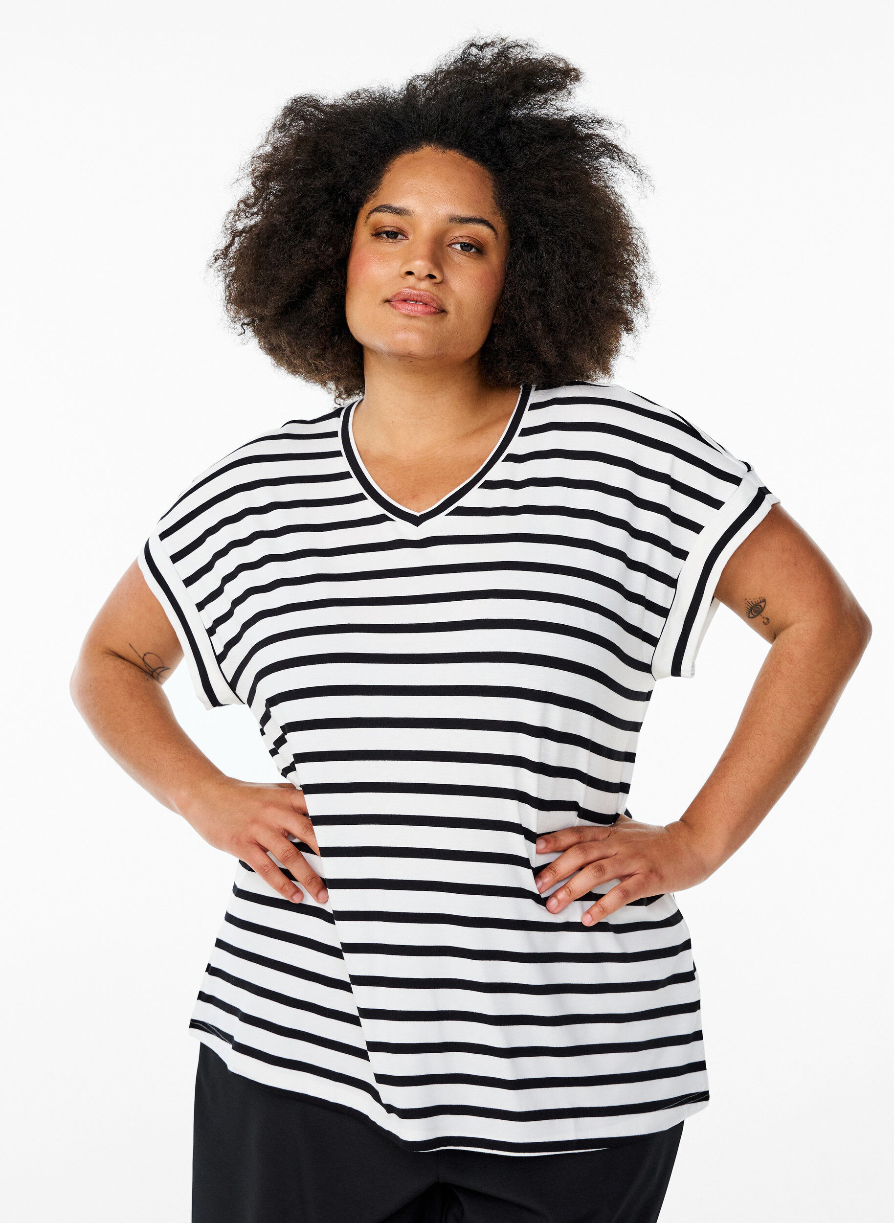 Striped T-shirt with V-neck, Black, Model