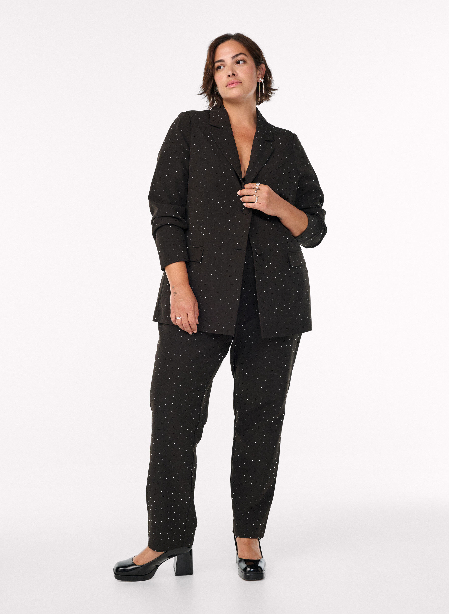 Trousers with rhinestones and a high waist, Black, Model