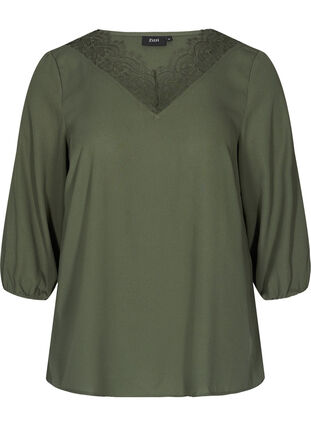 Solid-coloured 3/4 sleeve blouse with lace, Thyme, Packshot image number 0