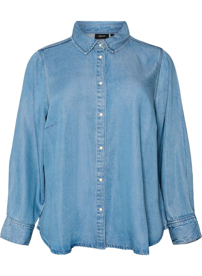 Denim shirt in lyocell with press studs, Light Blue, Packshot image number 0
