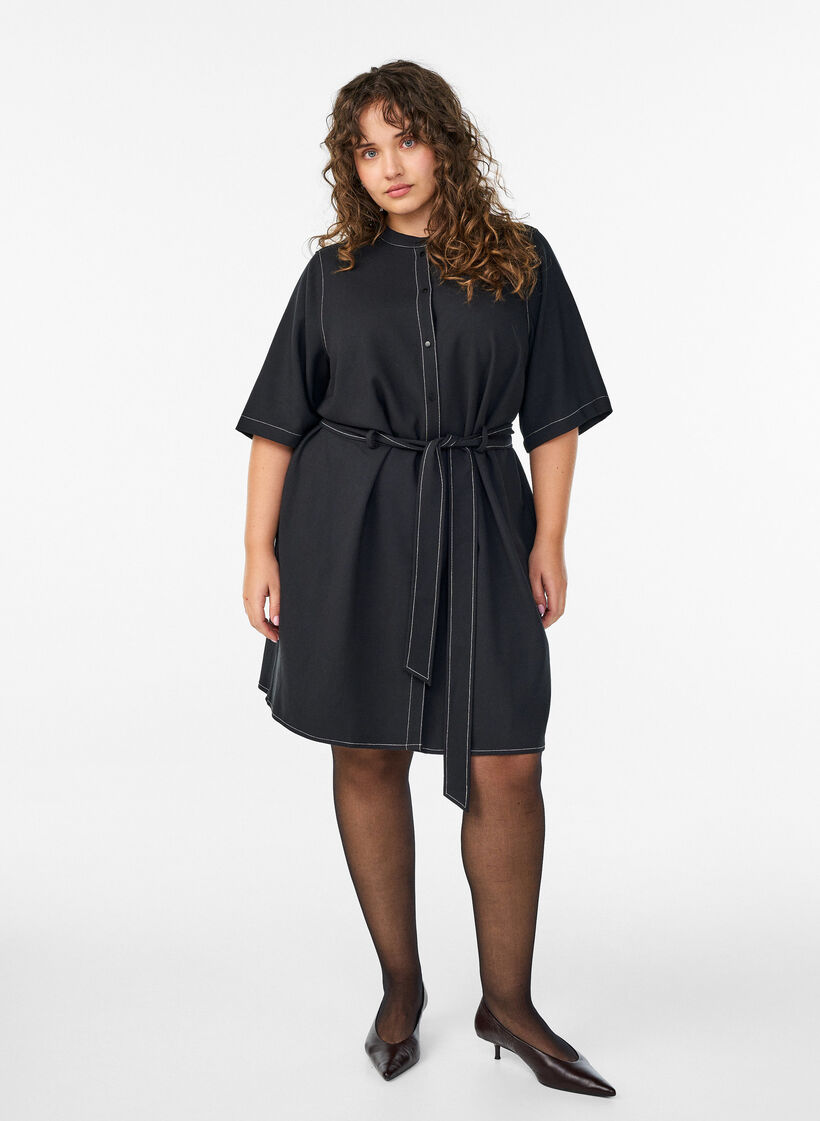 Short shirt dress with contrast stitching and tie belt, Black, Model image number 0