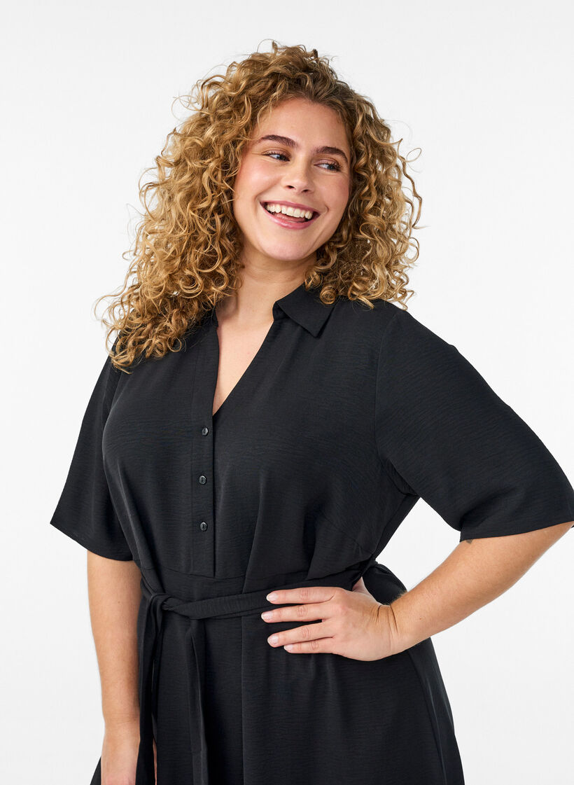 Midi shirt dress with tie belt, Black, Model image number 2