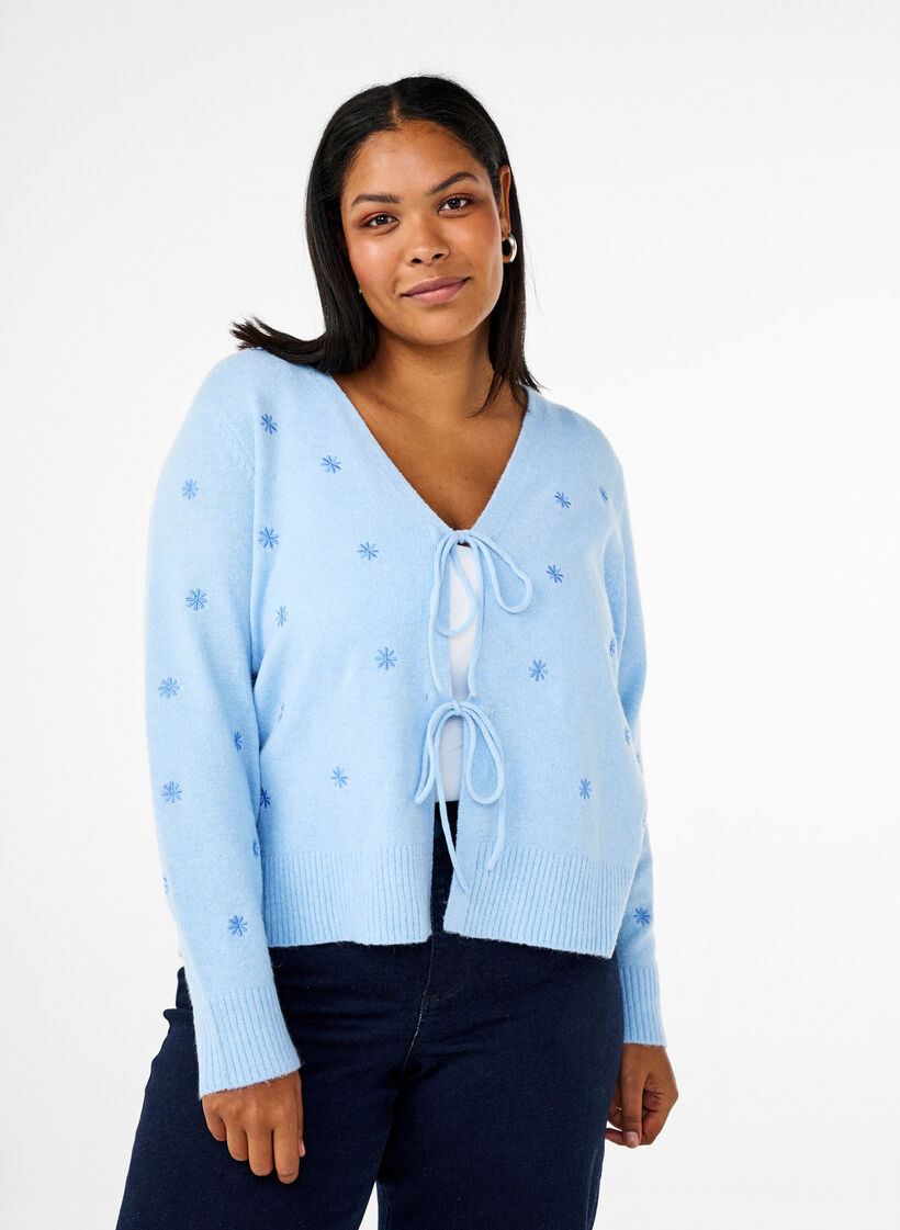 Knitted cardigan with tie details and embroidery, Cashmere Blue Comb, Model image number 0