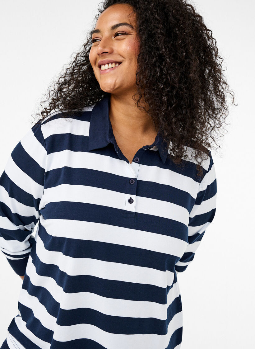 Long-sleeved polo shirt with stripes, Blue, Image image number 0