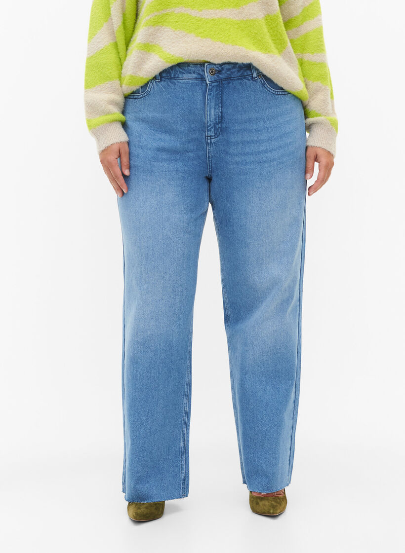 Straight fit jeans with raw edges, Medium Blue, Model image number 2