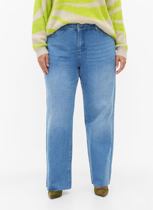 Straight fit jeans with raw edges, Medium Blue, Model image number 2