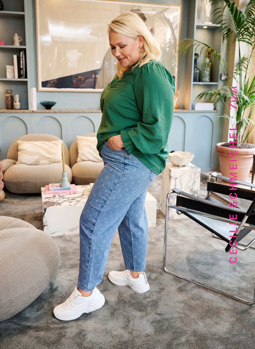 Cropped jeans with print and high waist, Blue denim, Image image number 0