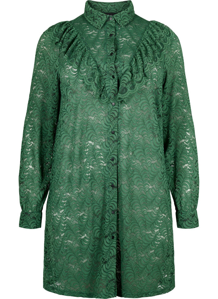 Lace shirt dress with frills, Hunter Green, Packshot image number 0