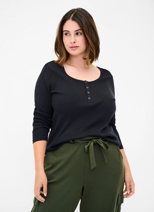 Plain cotton blouse with long sleeves, Black, Model image number 0