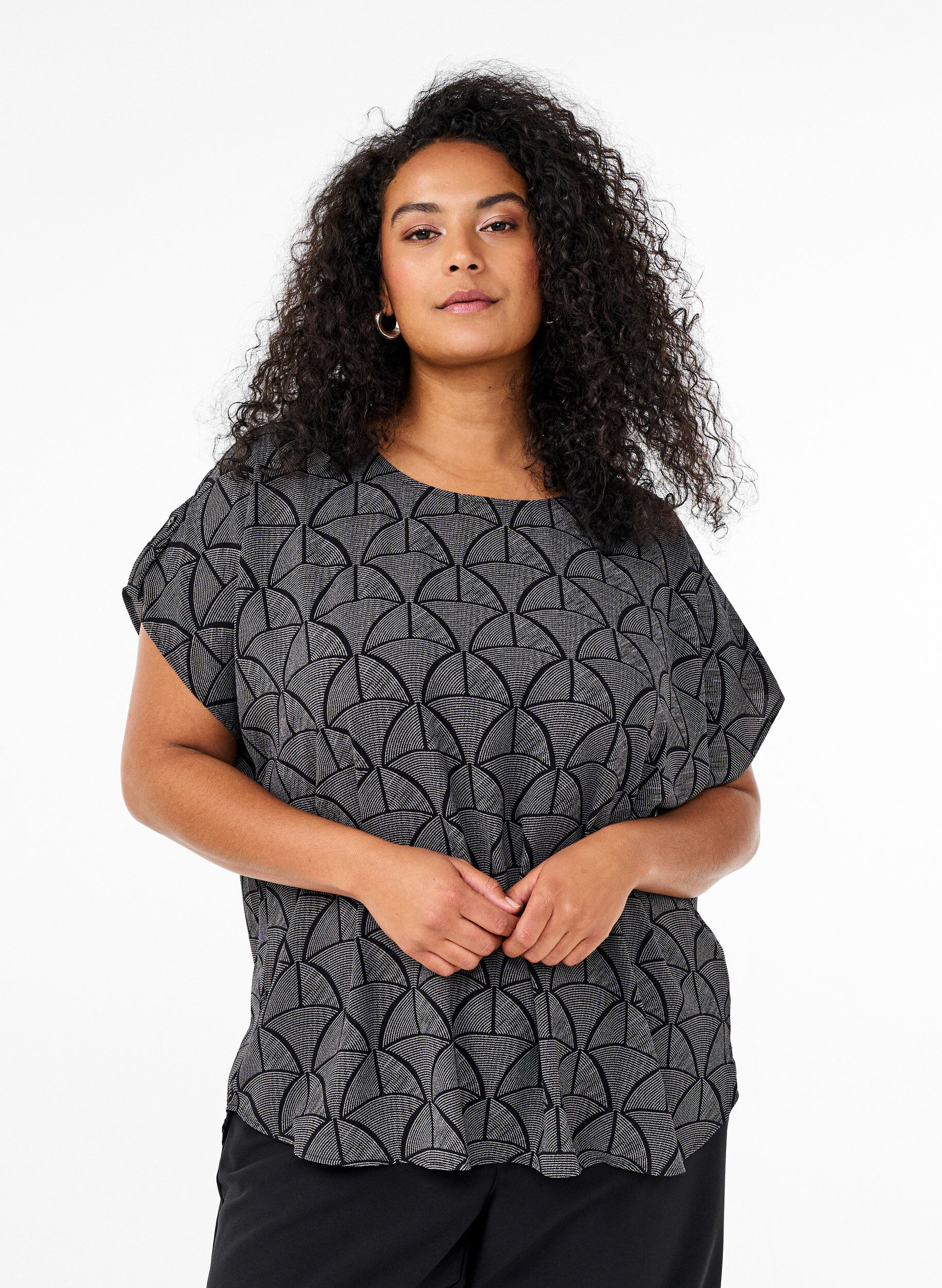 Zizzifashion Short-sleeved blouse with print, Black Grey Graphic , Model image number 0