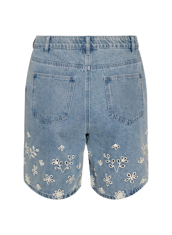 Denim shorts with broderie anglaise and high waist, Light Blue, Packshot image number 1