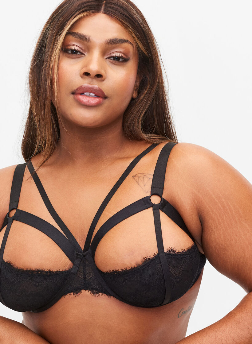 Underwired bra with string details, Black, Model image number 2
