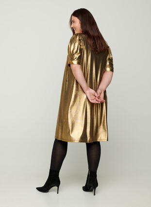 A-line dress with short puff sleeves, Gold, Model image number 1