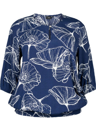 Viscose blouse with flower print and smocking, Navy B./Big Fl. AOP, Packshot image number 0