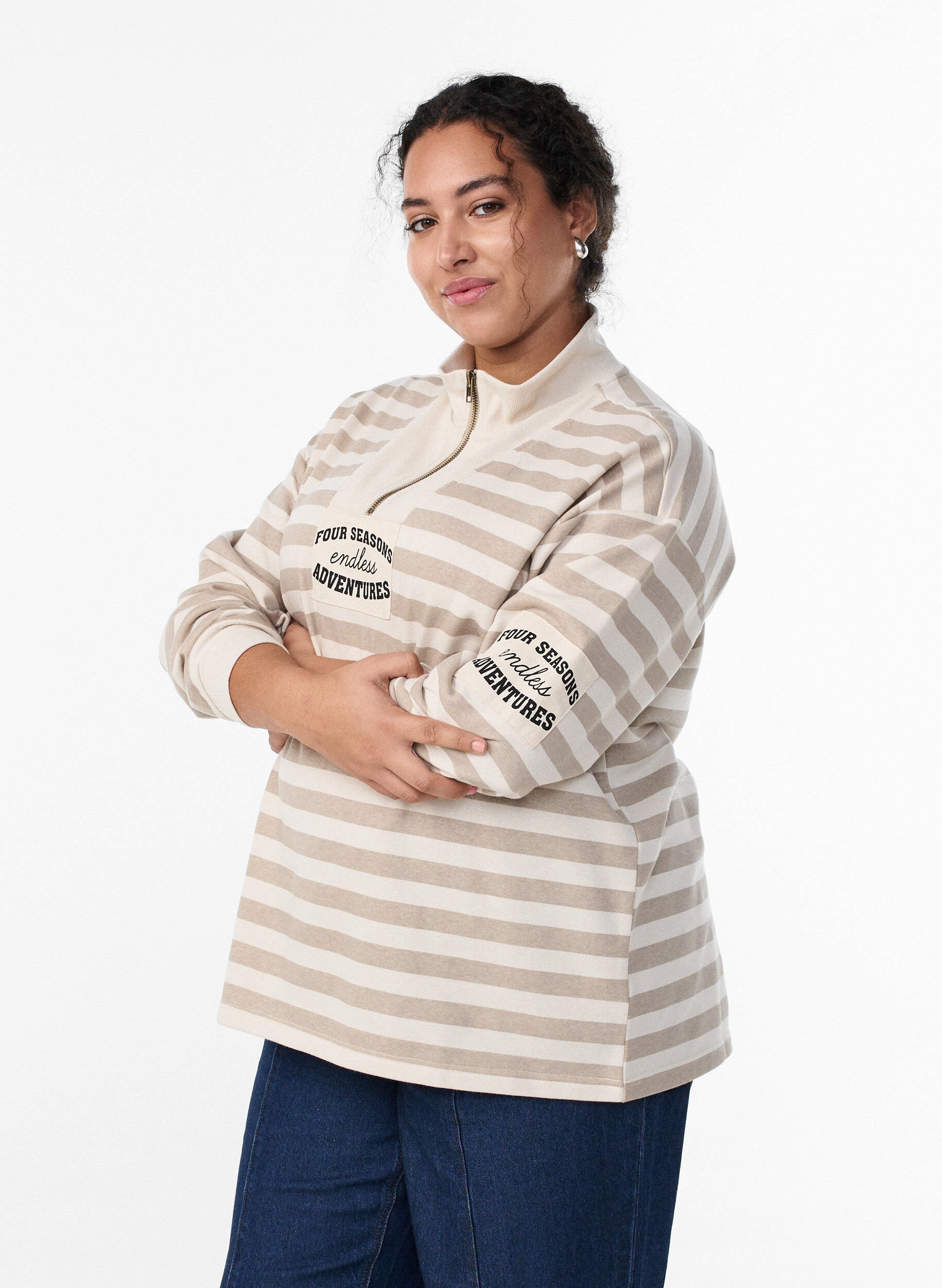 Striped sweatshirt with a high neck and zip, Beige, Model