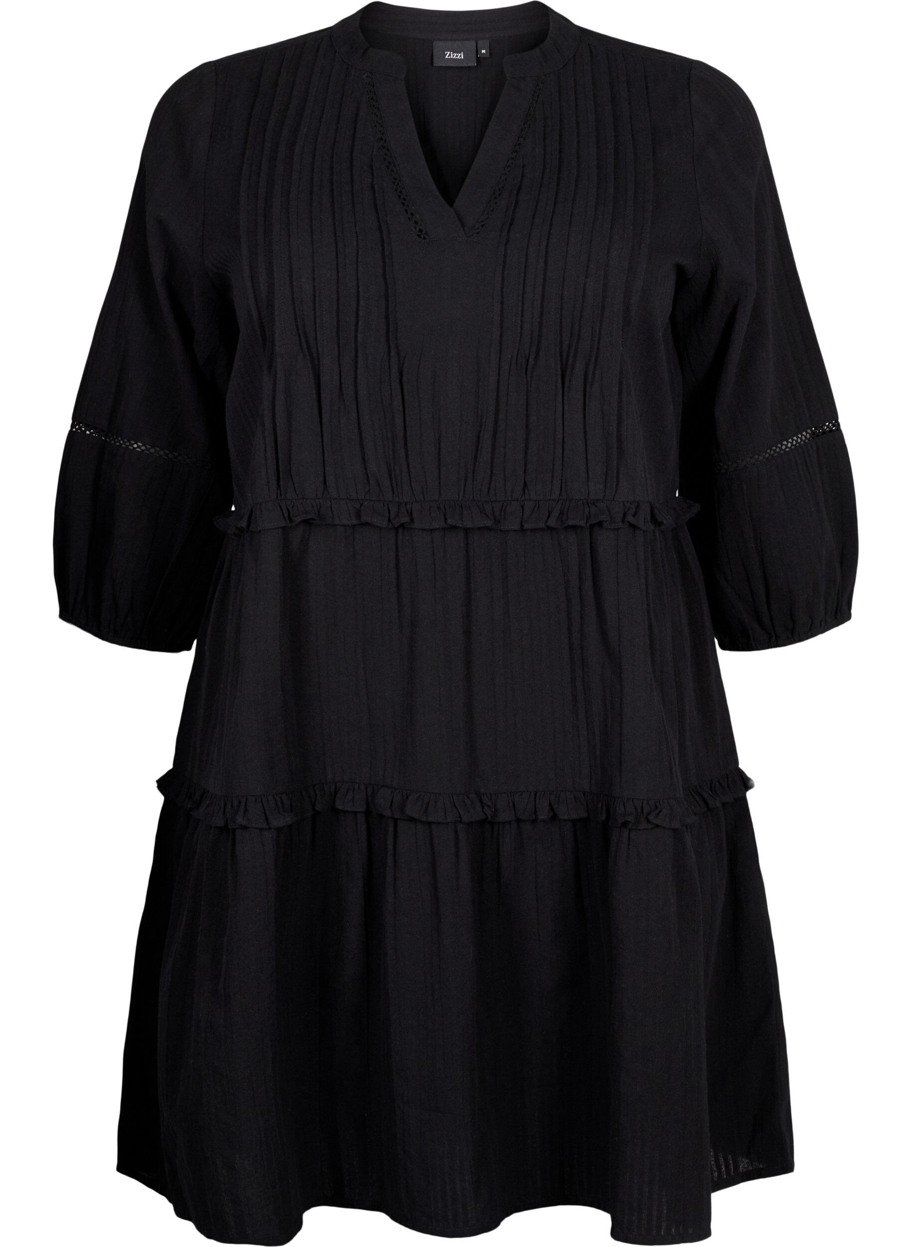 Zizzifashion 3/4 sleeve cotton dress with ruffles, Black, Packshot image number 0