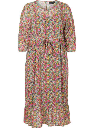 Floral midi dress with a tie belt in the waist, Pink Flower AOP, Packshot image number 0