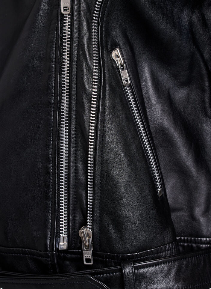 Leather biker jacket with belt, Black, Packshot image number 2